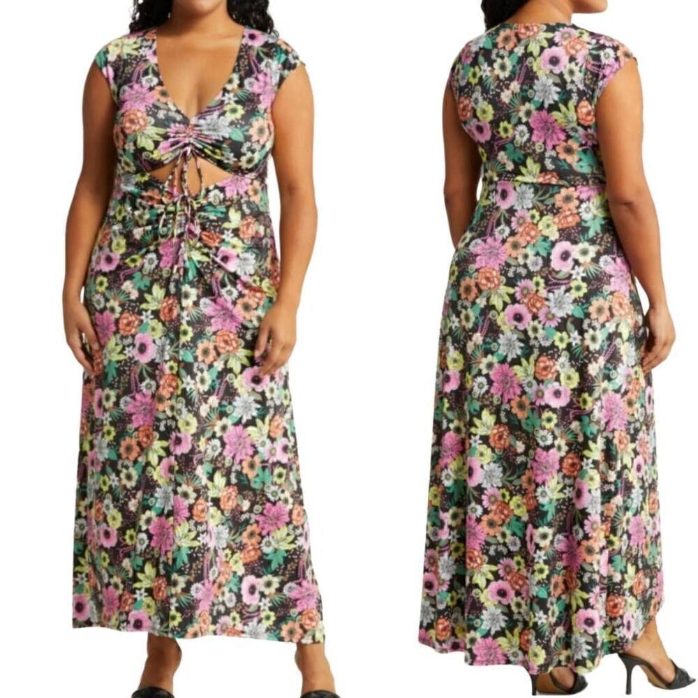 AFRM Lizette Floral Ruched Cutout Jersey Maxi Dress Size 3X/3T